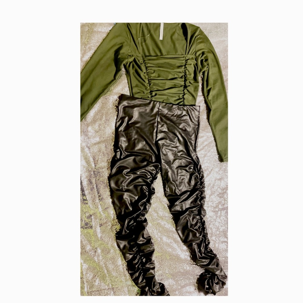 Olive Green Body Suit (M)leather leggings size L